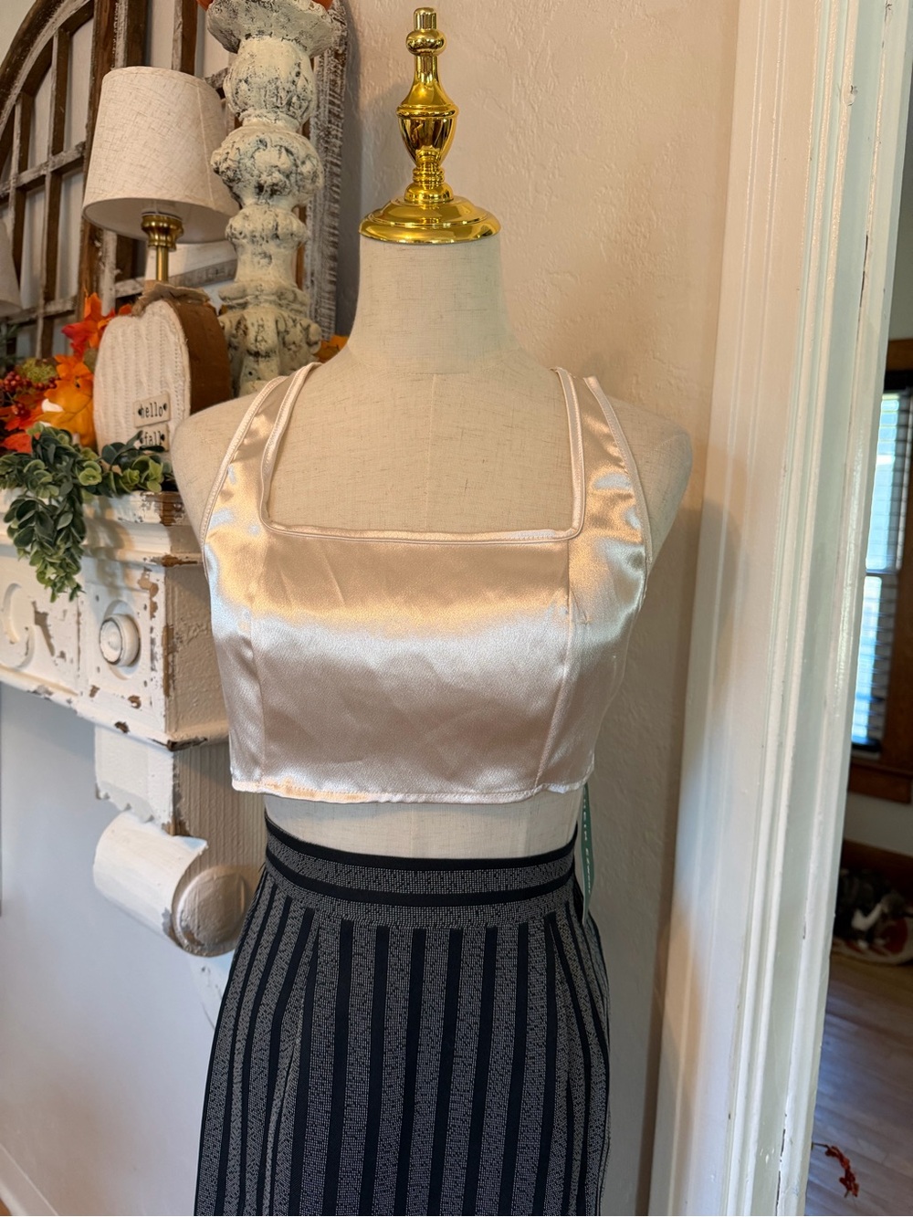 Satin Square-Neck Crop Top in Pale Champagne